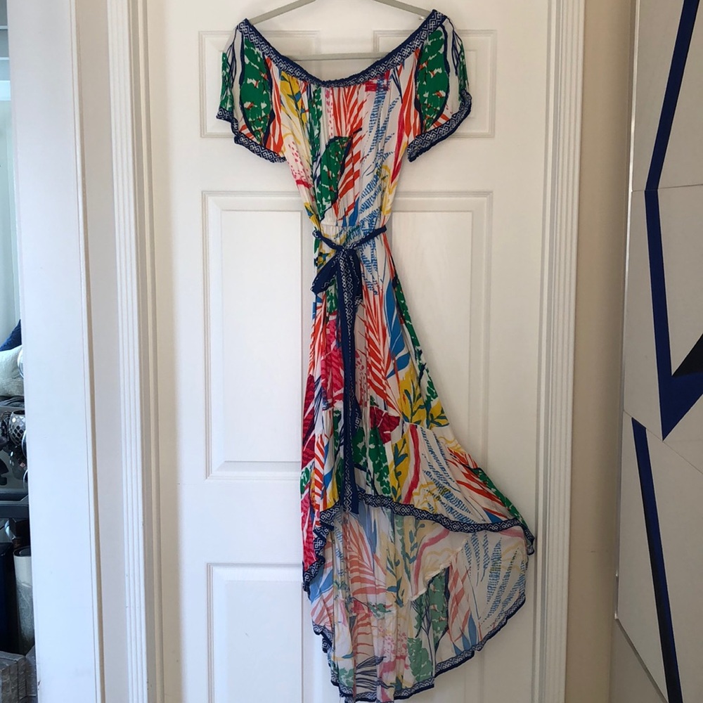 Bold and bright off the shoulder high low dress